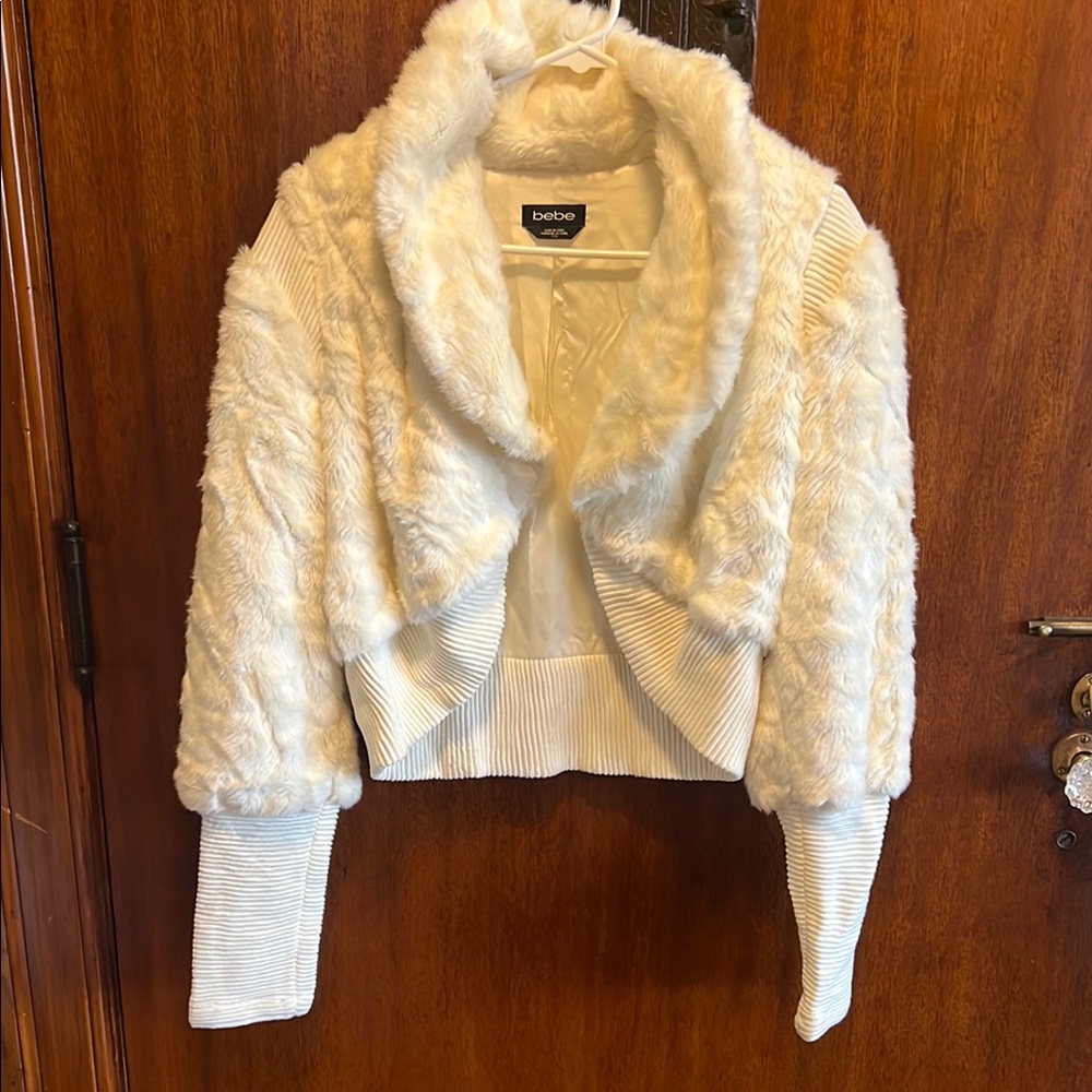 bebe Cream Teddy Jacket Plush Faux Fur Cropped